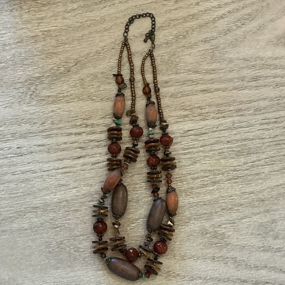 Earth Tone Layered Beaded Necklace – 22” – Boho Statement